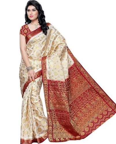 Spring Ladies Casual Wear Off White And Red Printed Cotton Silk Banarasi Saree With Unstitched Blouse