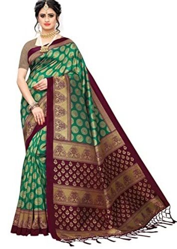 Ladies Festive Wear Green And Maroon Printed Cotton Banarasi Saree With Unstitched Blouse