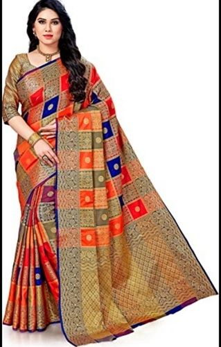 Spring Ladies Party Wear Multicolored Printed Cotton Silk Banarasi Saree With Unstitched Blouse