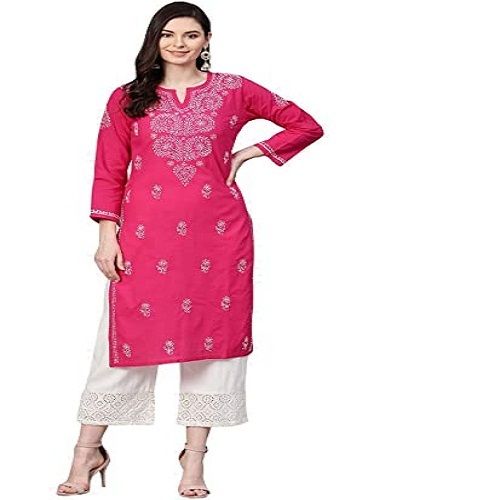 Lightweight Regular Fit V Neck 3/4 Sleeves Pink Printed Ladies Cotton Kurti