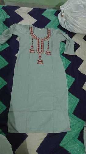 100 Percent Cotton Simple Embroidered Long Fancy Light Green Ladies Kurti Bust Size: 34 Inch (In)