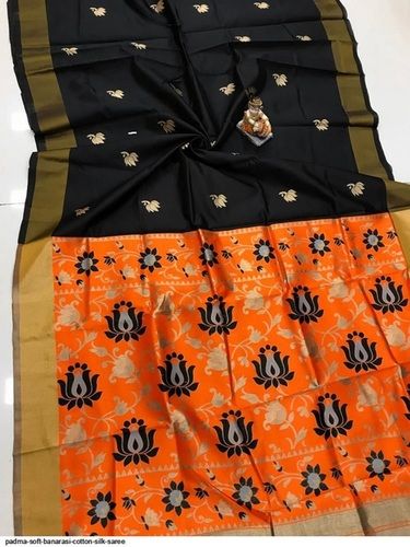 Beautiful Lightweight Black and Orange Printed Cotton Silk Ladies Banarasi Sarees For Party Wear