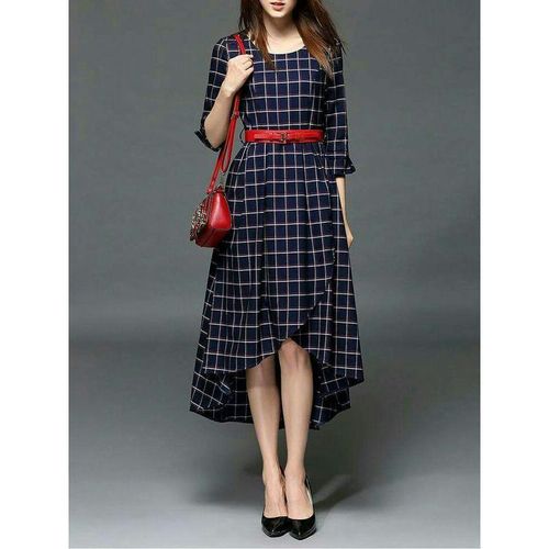 Blue 3/4 Sleeves Round Neck Checked Fancy Ladies A Line Piece Gown For Casual Wear Decoration Material: Cloths