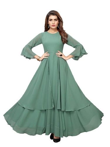 Green 3/4 Sleeves Round Neck Plain Fancy A Line Gown For Casual And Party Wear Decoration Material: Cloths