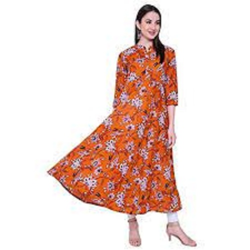 Kurti - Cotton, 21 Inch Length, Orange Color | Breathable, Washable, Short Sleeve, Printed Pattern, Customized Fit