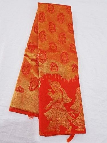 Bridal Orange And Gold Color Printed Wedding Silk Saree With Blouse Piece Set