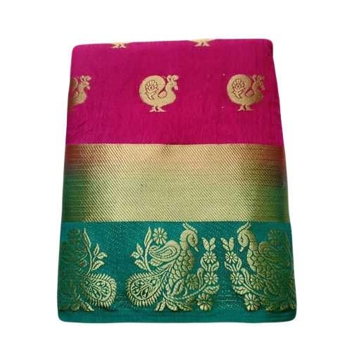 Pure Cotton Pink And Green Color Designer Saree With Bright Fabric Design