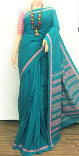 Party Wear Pure Cotton Sky Blue And Pink Color Designer Saree With Bright Fabric Design