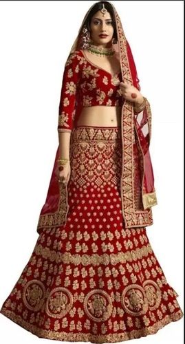 Women's Elegant And Stylish Semi Stitched Red Bridal Lehenga With Unstitched Choli