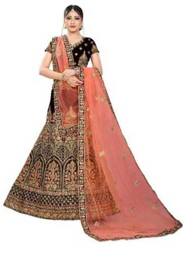 Pitch Or Red Women'S Stylish Velvet Semi Stitched Bridal Lehenga With Unstitched Choli