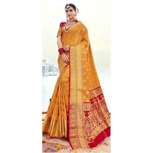 Cotton Silk Yellow And Red Designer Ladies Saree Attractive Patterns And Easy To Use