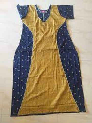 100% Cotton Short Sleeves Ladies Nighty - Customized Size Blue & Yellow Color with Delicate Lace Trim | Soft Breathable Fabric for All-Day Comfort