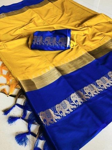 Golden 100 Percent Silk Yellow And Blue Colour Border Party Wear Assam Silk Saree