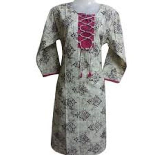 Casual Wear 3/4th Sleeve Grey Printed Round Neck Cotton Ladies Kurti