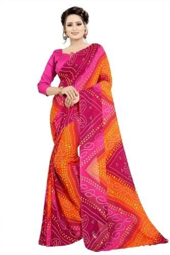 Spring Ladies Casual Pink And Orange Printed Georgette Bandhani Sarees With Blouse Piece