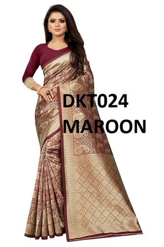 Woven Maroon And Gold Indian Ethnic Chanderi Silk Saree With Blouse