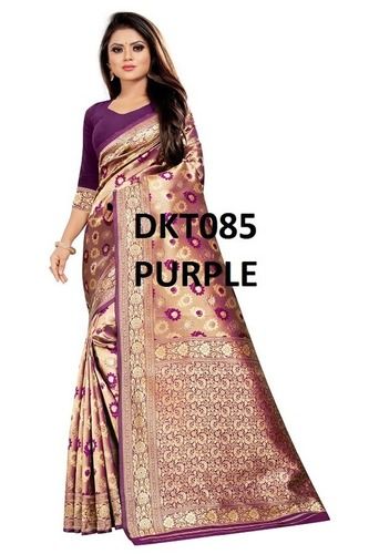 Woven Purple And Golden Indian Ethnic Chanderi Silk Saree With Blouse