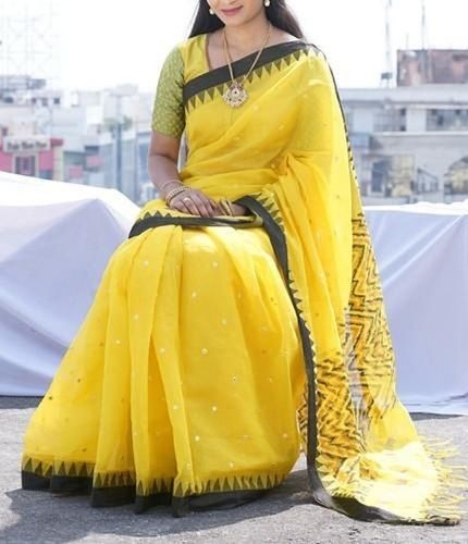 Cotton Yellow And Black Printed Ladies Silk Chanderi Saree Perfect For A Traditional Or Festive Occasion