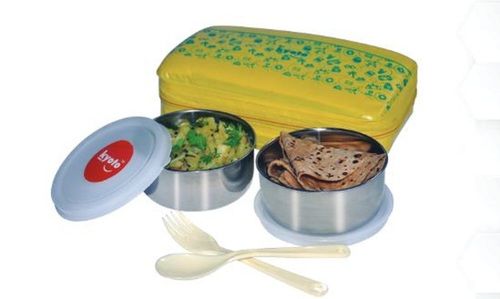 Yellow 2 Stainless Steel Mini Meal Carrier (Tiffin) With Non Toxic Food Grade Pvc Pouch