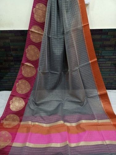 Striped Comfortable, Geometric Print And Sleek Drape Grey Casual Wear Cotton Banarasi Saree 