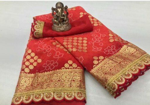 Cotton Eye Catching Red Party Wear Stone Work Bandhani Saree Perfect For Festival And Special Occasion