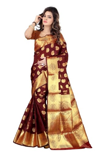 Golden And Red Chanderi Silk Saree - Woven Zari Work Lace Closure with Printed Blouse Piece for Ethnic Occasions