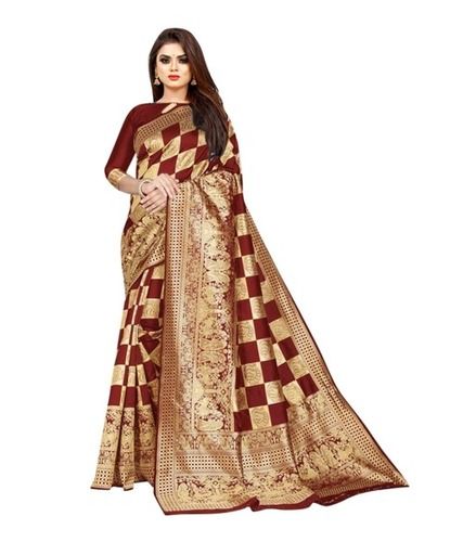 Woven Indian Ethnic Golden And Red Chanderi Silk Saree With Blouse