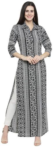 Ladies 3/4Th Sleeves Collar-Neck Black And White Printed Cotton Long Kurta Decoration Material: Cloths