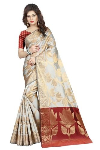 Red And White Indian Ethnic Chanderi Silk Saree With Blouse For Women