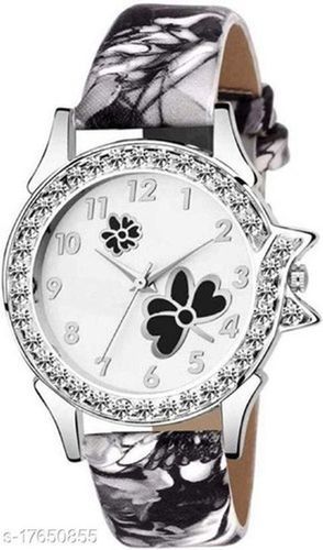 Black And White Best Quality Analog Dial Wrist Watch With Stones