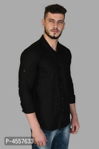 Washable Shrink Resistant And Skin Friendly A Plain And Full Sleeves Collar Neck Black Shirt 