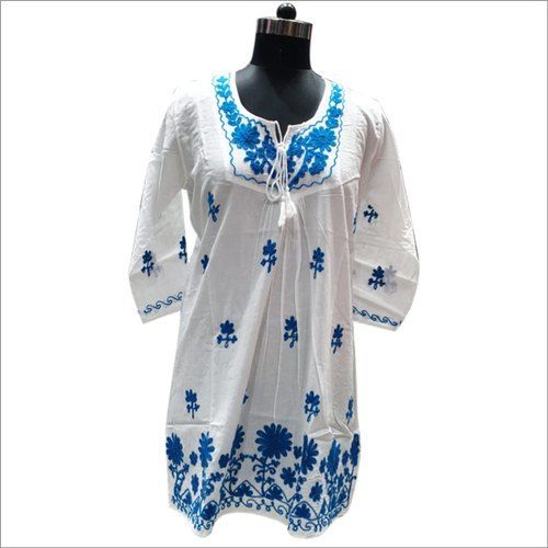 Touch of Glamour, Stylish, Cool and Comfortable White Cotton Embroiderd 3-4th Sleeve Ladies Kurti 