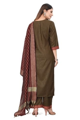 Dark Brown Casual Wear Cotton Silk Salwar Kameez For Ladies With 3/4Th Sleeves