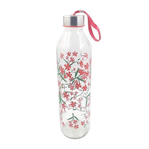 Flower Printed Glass Water Bottle With Round Neck And Leak Proof, Durable