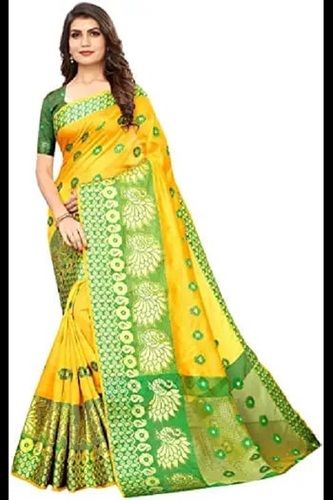 Cotton Ladies Party Wear Green And Yellow Banarasi Silk Jacquard Saree With Zari Work