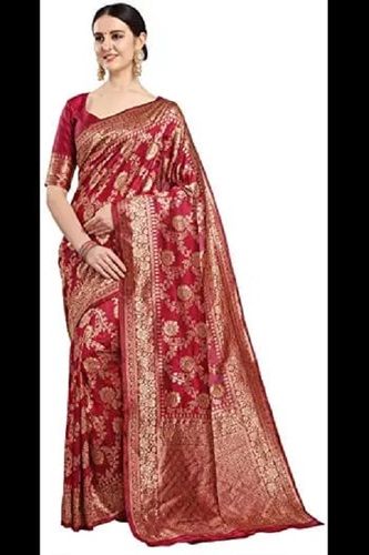 Ladies Party Wear Red And Golden Printed Banarasi Silk Jacquard Saree