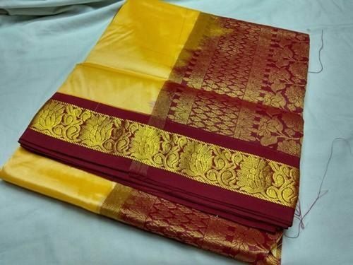 Summer Party Wear Yellow And Marron Color Printed Art Silk Ladies Saree With Attractive Design