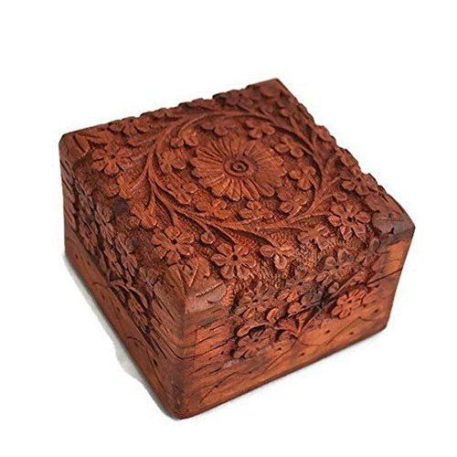 Wood Rectangular Shape Carving Wooden Box With 4 X 4 X 2.25 Inch Dimension