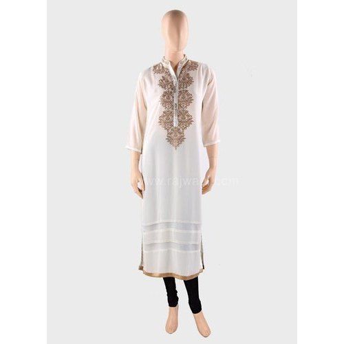 White 3/4 Sleeves Regular And Party Wear Ladies Chiffon Straight Ladies Kurti