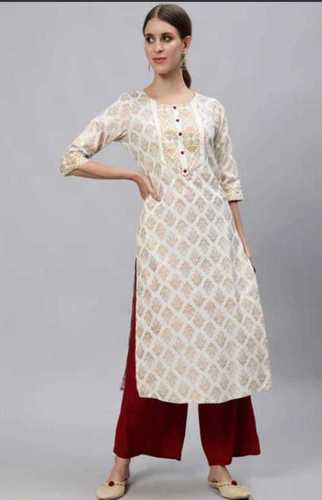 Ladies 3/4Th Sleeves Round-Neck Off White Printed Cotton Silk Long Kurti With Palazzo Pants Decoration Material: Beads