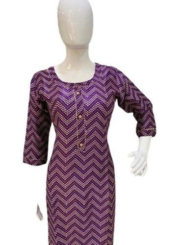 Quick Dry Ladies Purple And Printed Rayon 3/4Th Sleeve Kurti Perfect For A Summer Day Spent Outdoors