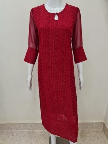 Quick Dry Marron And 3-4 Sleeve Ladies Fancy Kurti