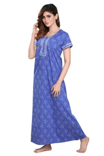 Cotton Comfortable And Washable Half Sleeves Women Blue Nighty