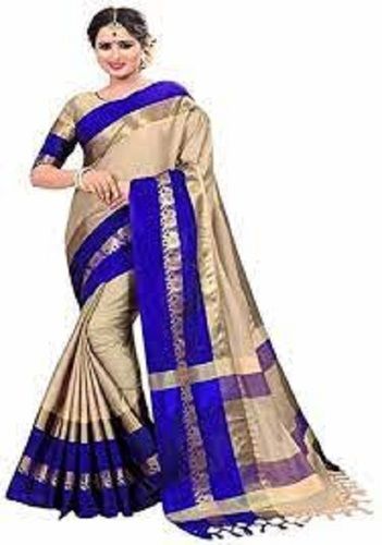 Blue And Cream Womens Beautiful Look Printed Banarasi Cotton Saree With Unstitched Blouse Piece 