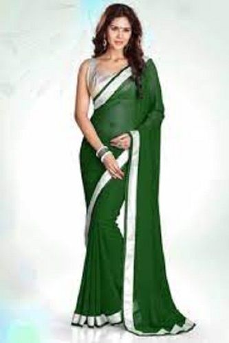 Cotton Silk Womens Lace Work Green And White Georgette Saree With Unstitched Blouse Piece