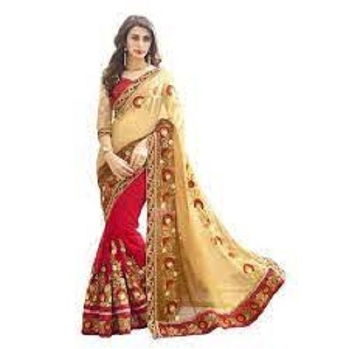 Cotton Silk Womens Stylish Look Printed Georgette Golden And Red Saree With Unstitched Blouse Piece