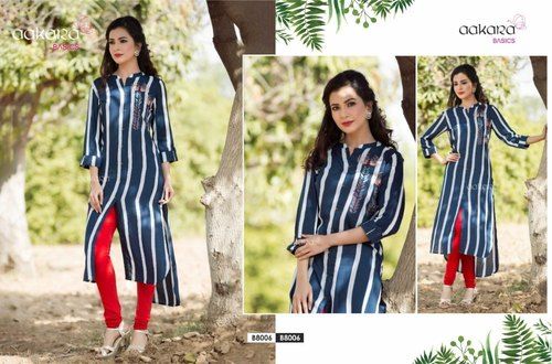 Straight Cotton 3/4th Sleeves Round Neck Knee Length Kurti