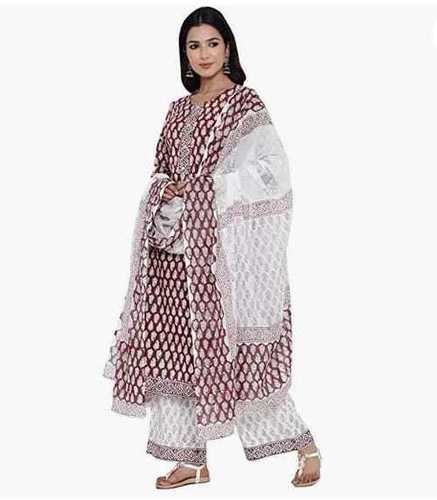 Maroon And White Women'S Printed Cotton Fabric Kurta, Palazzo & Dupatta Set