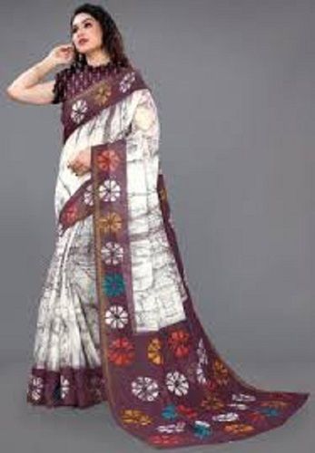 Womens Batik Printed Cotton Saree In Off White And Maroon With Unstitched Blouse 