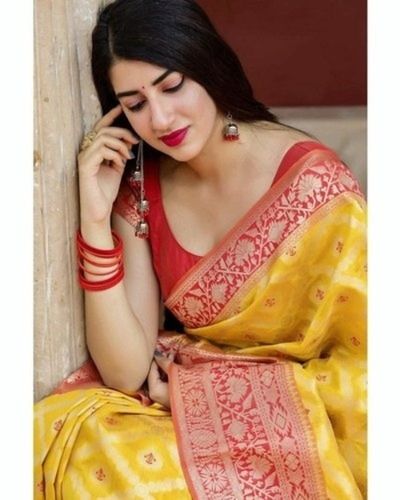 Yellow And Red Soft Banarasi Lichi Silk Traditional Designer Saree